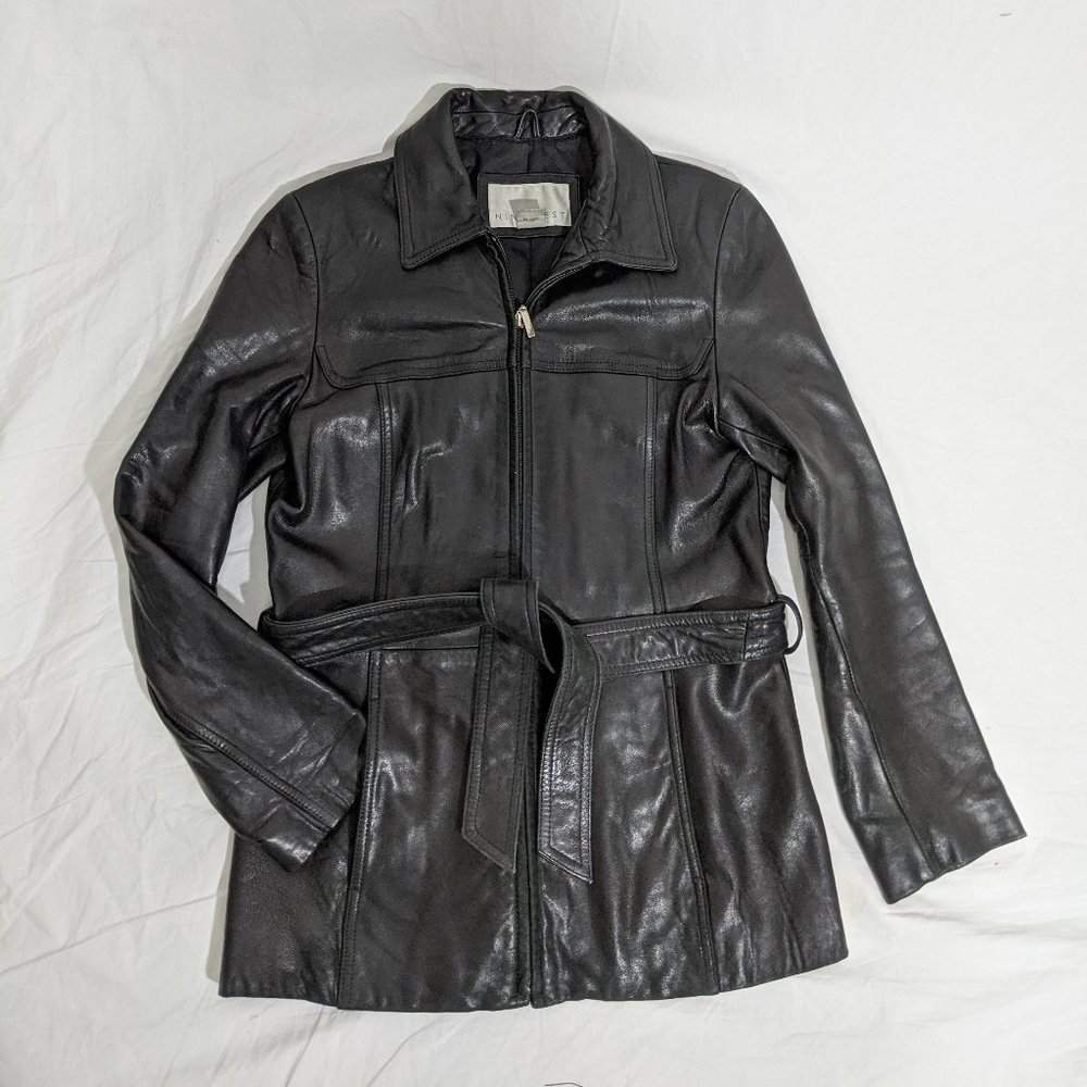 Nine West Black Leather Coat With Belt Size S